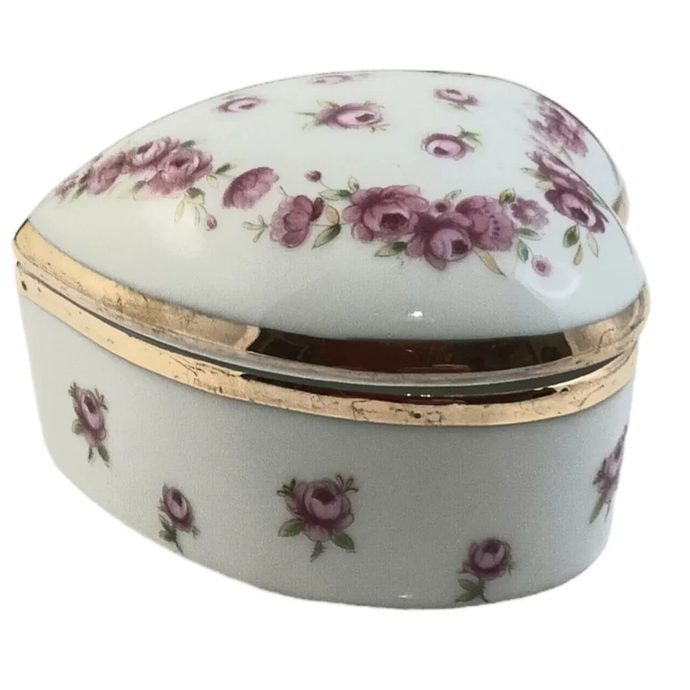 Lefton Heart Shaped Trinket Box Pink Flowers Gold Trim Jewlery Box